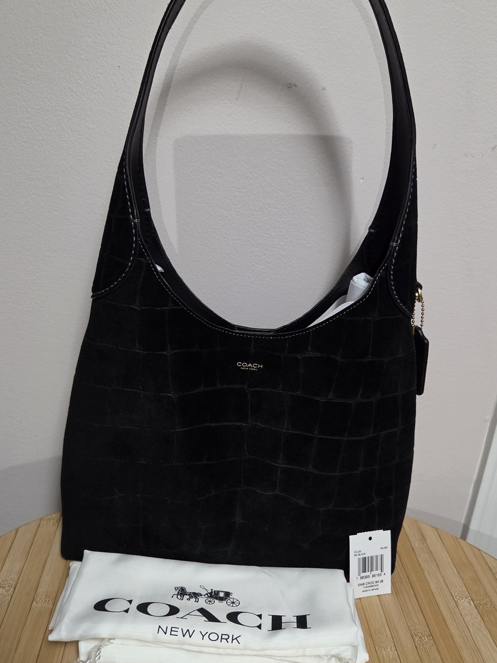 Coach Brooklyn 28 Black Suede Croc-Embossed Shoulder Hobo